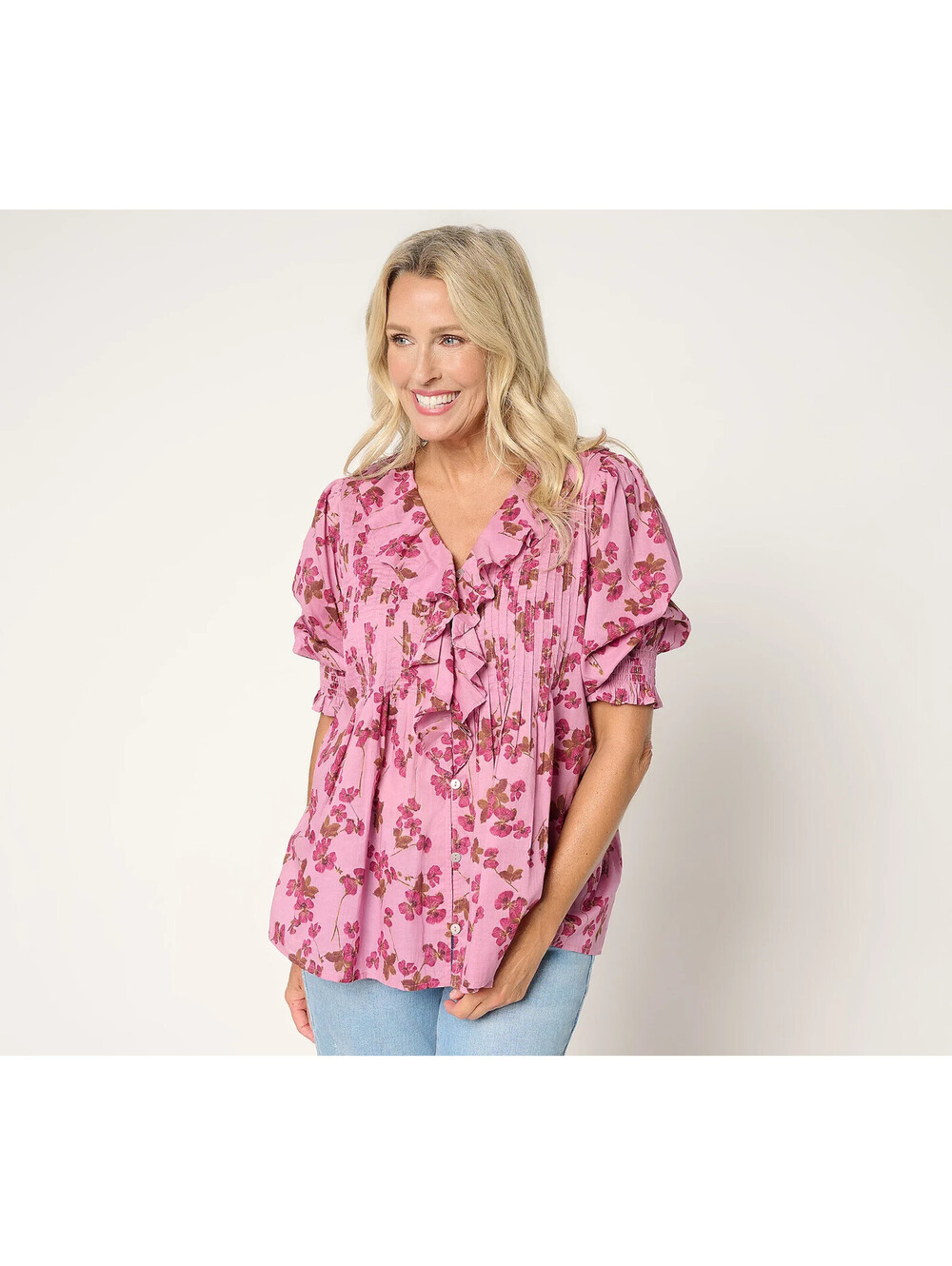 Ree by The Pioneer Woman Printed Ruffle Front Blouse Pink Wildflower, Medium